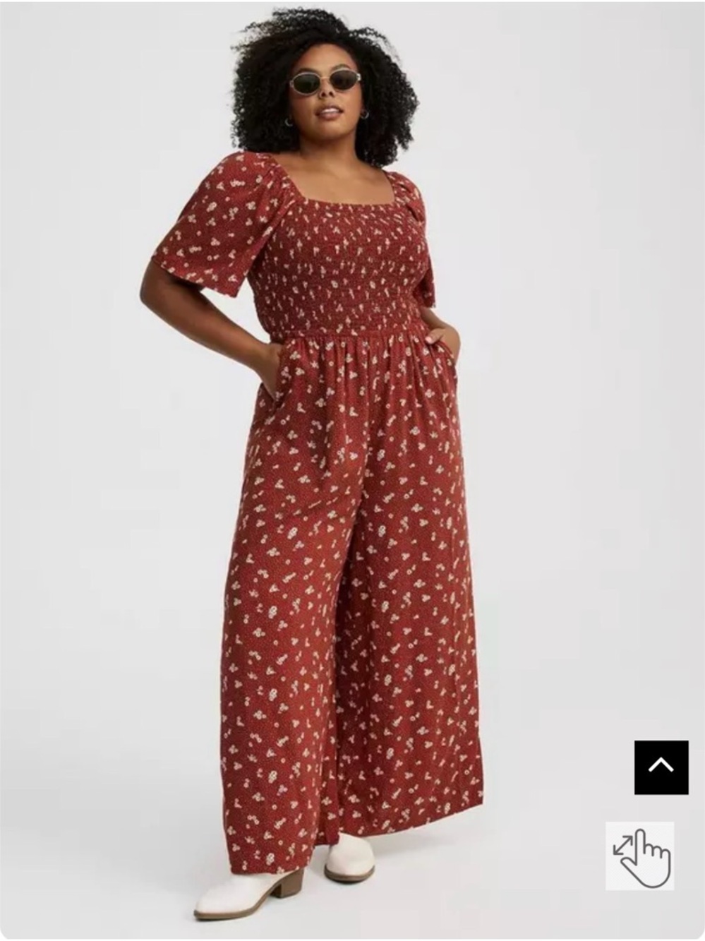 Torrid Rust Floral Smocked Square-Neck Wide-Leg Jumpsuit
